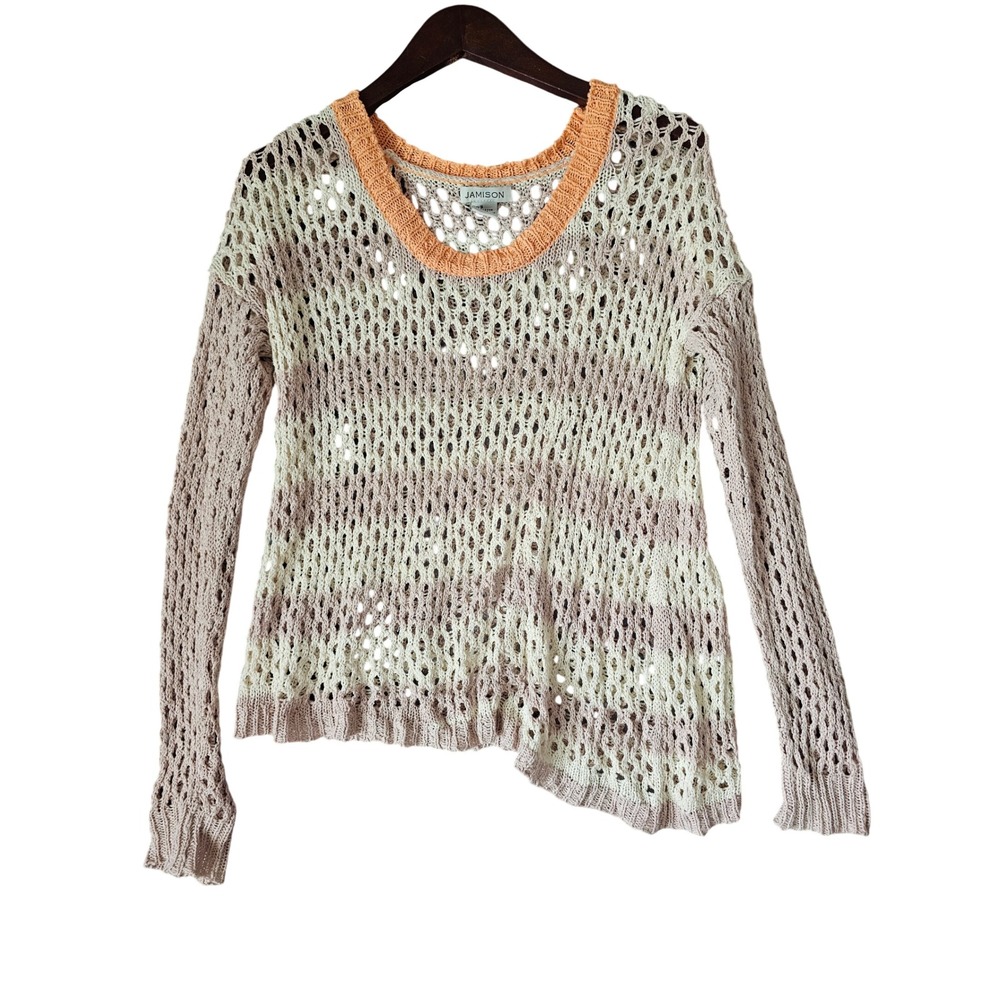 Jamison Women Open Knit Striped Cotton Linen Asymmetrical Sweater Beige Small